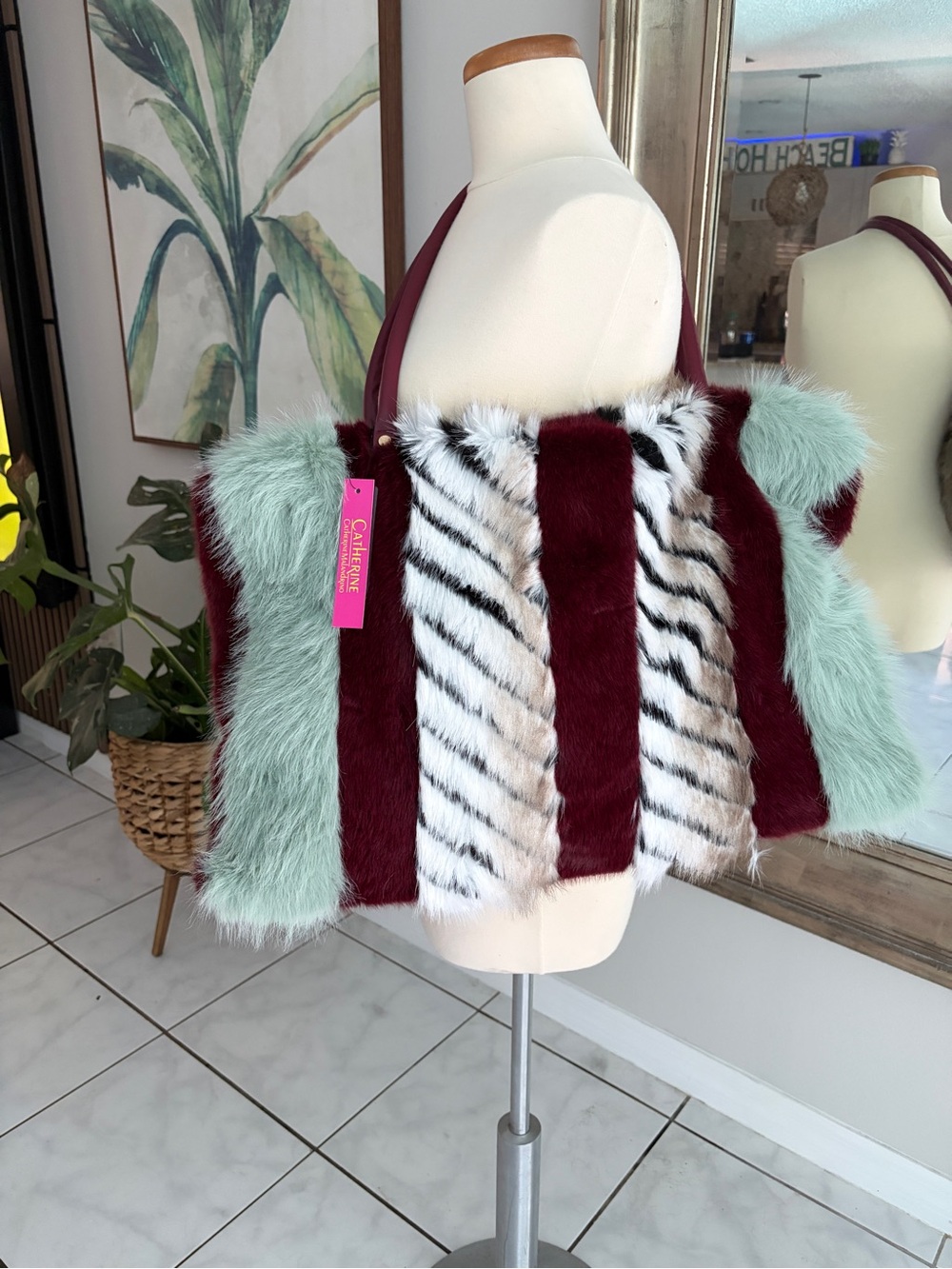 Catherine Malandrino faux fur colorblock tote bag